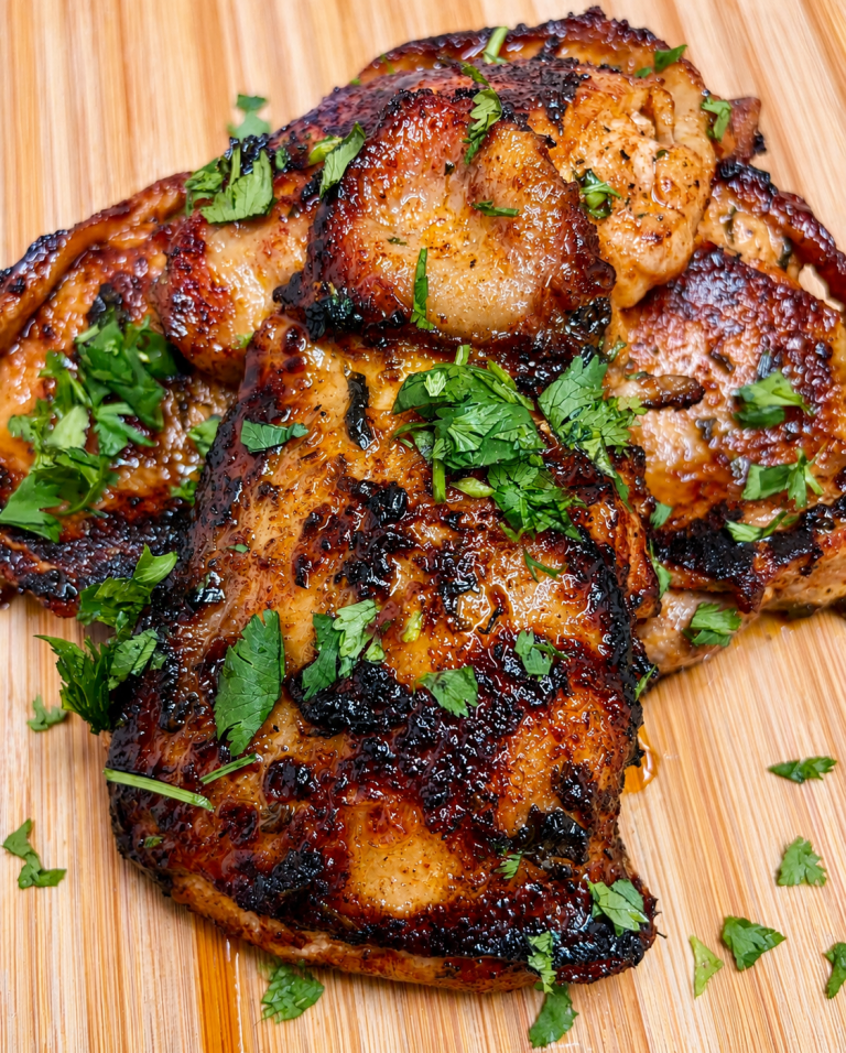 Thai-inspired chicken thighs garnished with fresh cilantro on a wooden cutting board.