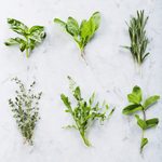 Mixed herbs on a cutting board. Includes basil, parsley, thyme, rosemary and more.